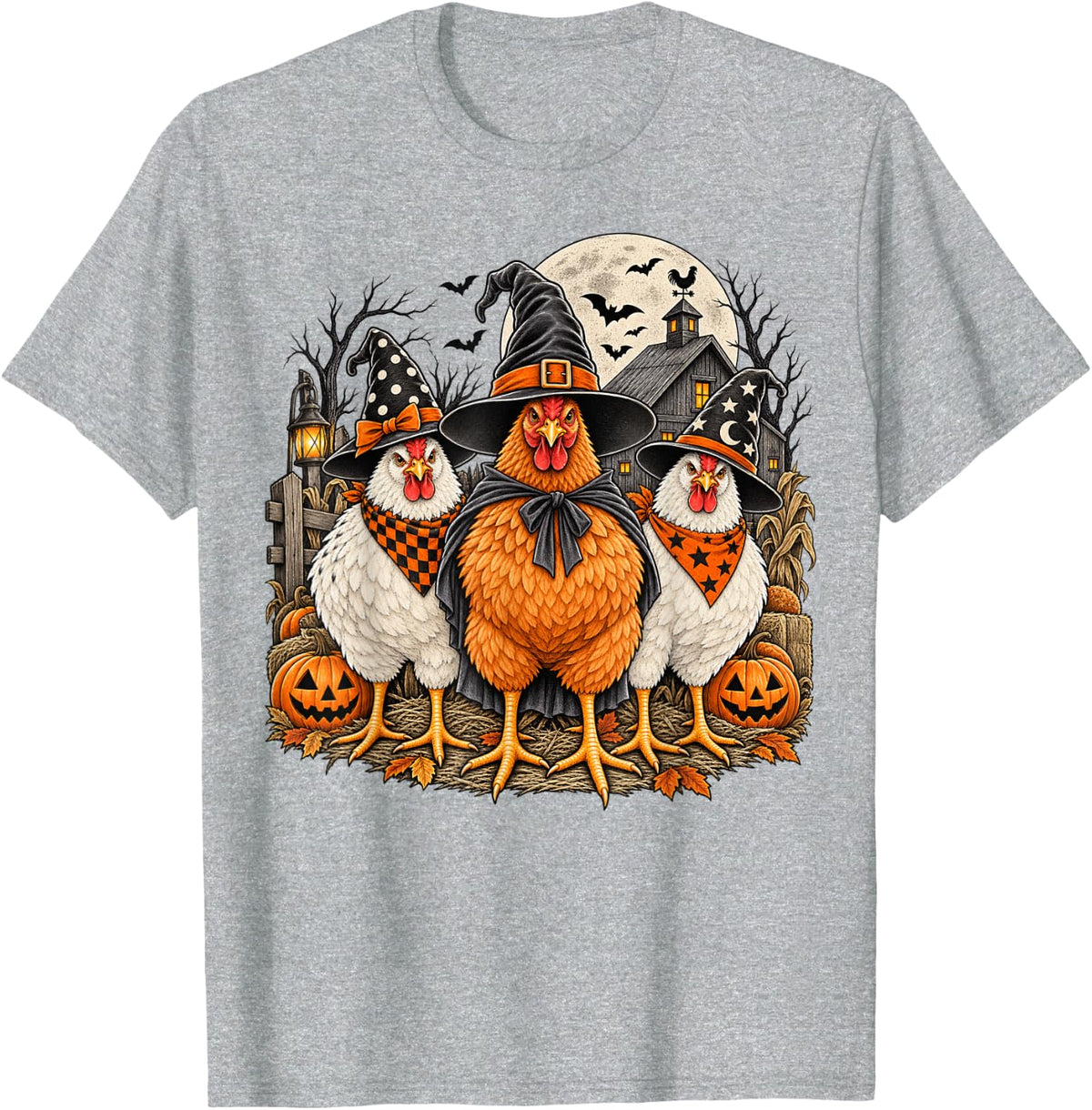 Vintage Halloween Witch Chickens Spooky Season Funny Chicken T-Shirt - Heather Grey