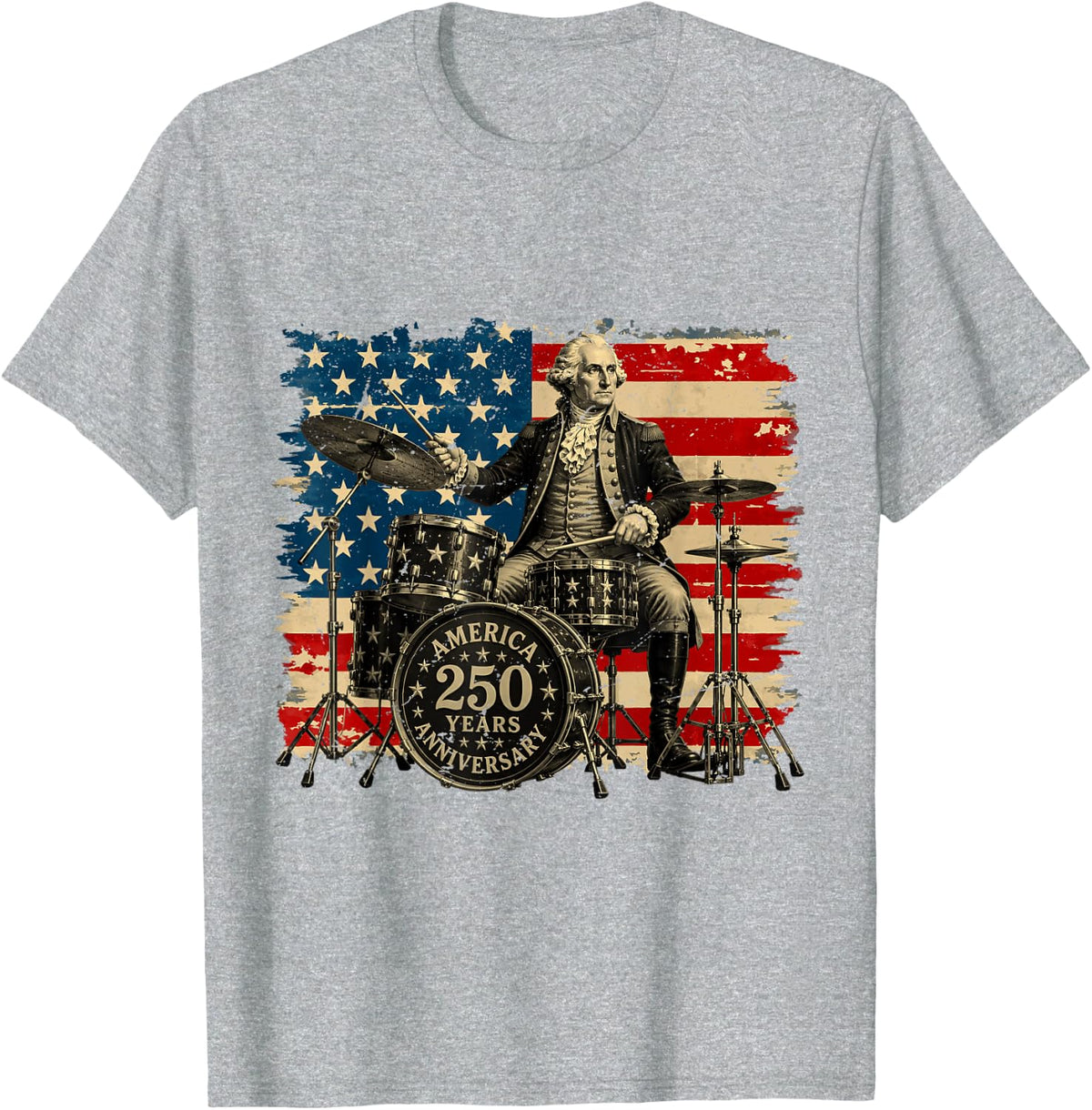 250 American Years Anniversary Washington Playing Drums T-Shirt - Heather Grey