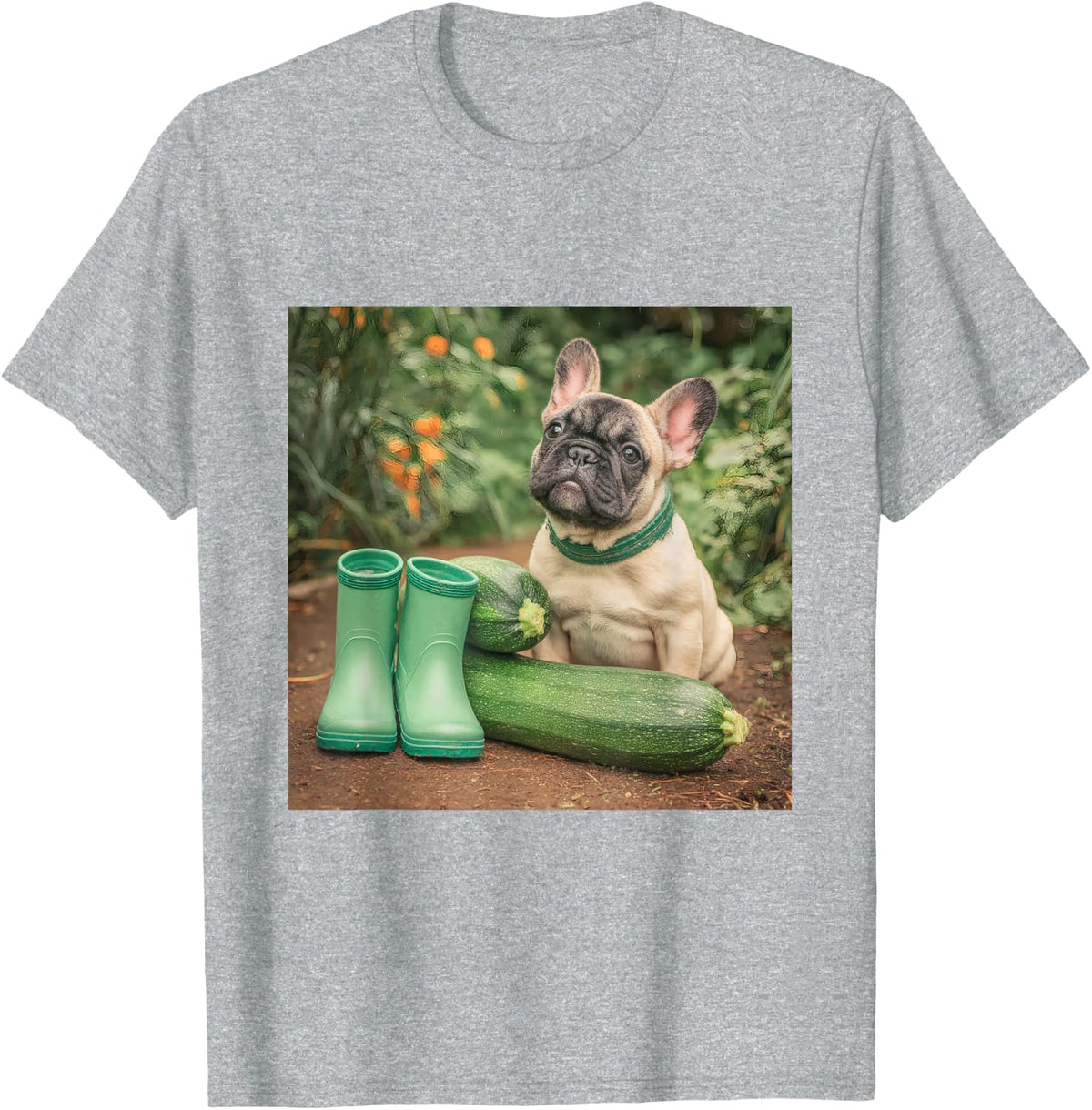 French Bulldog Garden Zucchini Green Boots T-Shirt - Heather Grey