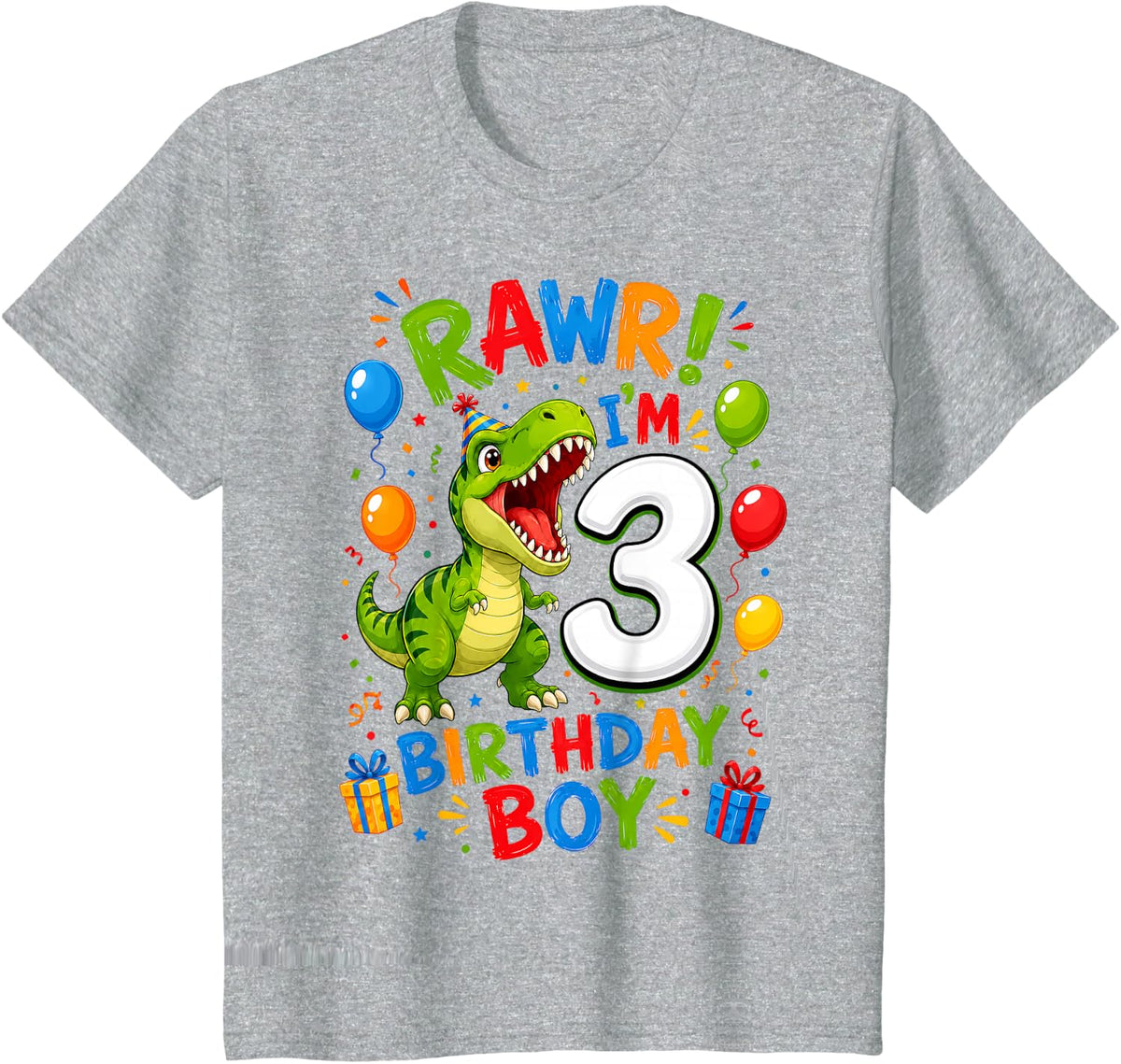 Kids Rawr I'm 3 Years Old Bday Boy T-Rex Dinosaur 3rd Birthday T-Shirt - Heather Grey