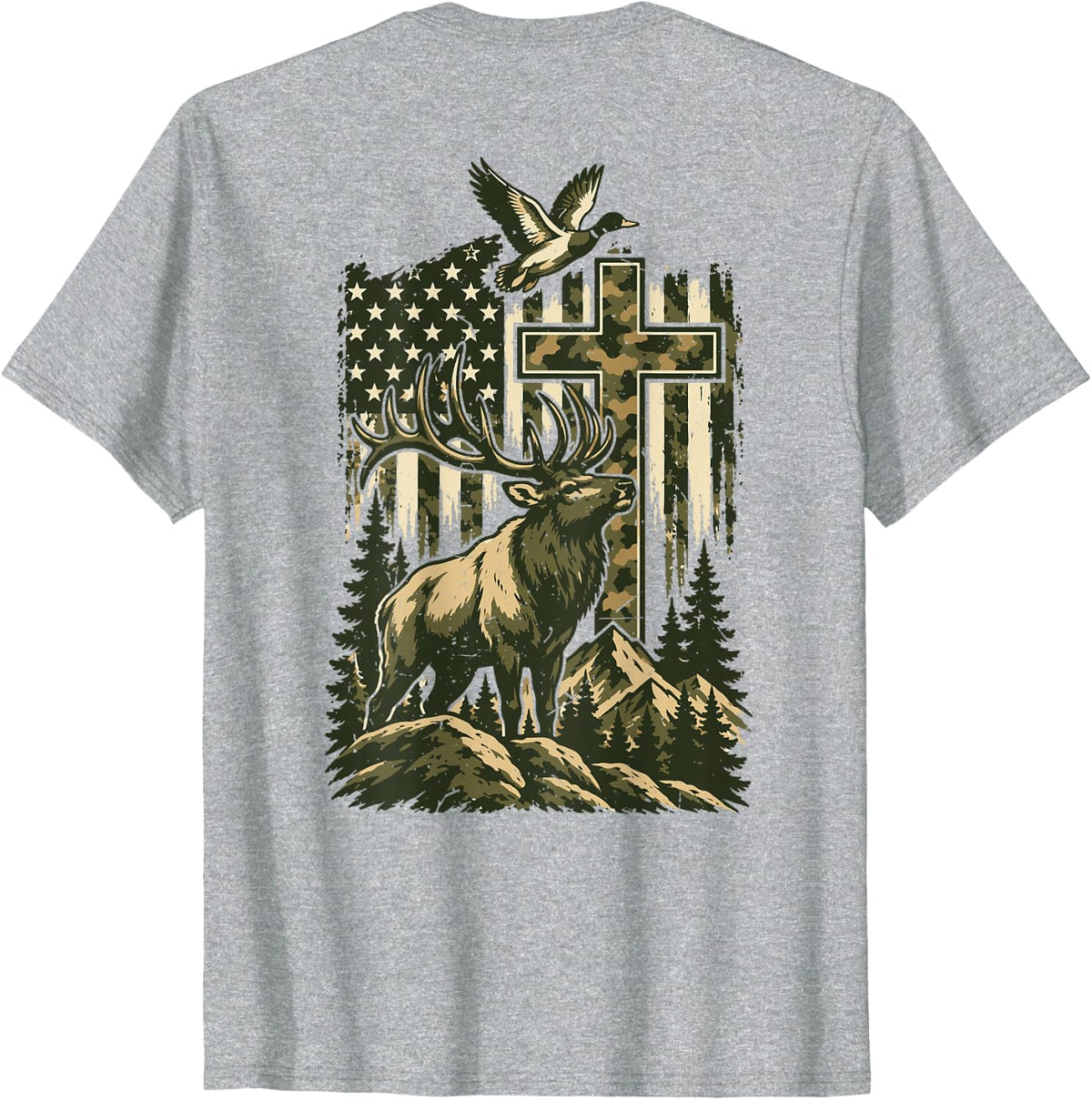 Boy Camo Deer Hunting American Flag Cross Mallard Duck Youth T-Shirt - Heather Grey