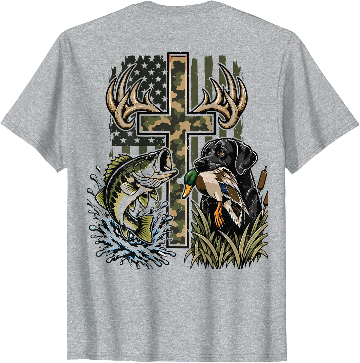 Youth Camo Duck Hunting Cross Black Lab Dog Bass Fish Faith T-Shirt - Heather Grey